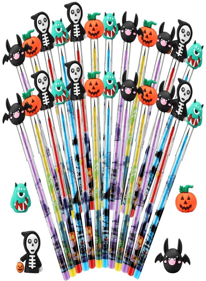 Qilery 24 Pcs Halloween Pencils Bulk with Top Eraser Stackable Pencils for Kids Pumpkin Bat Ghost Monster Non Sharpening Push Stationeries for Halloween Party Supplies School Students - Image 1
